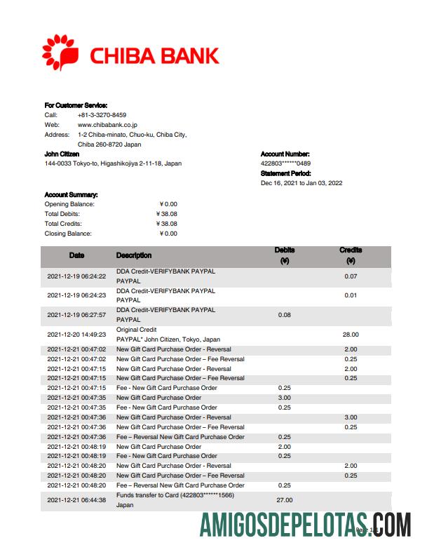 Modelo de extrato bancário do Japão Chiba para impressão em formato Word e PDF.1